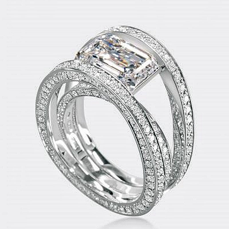 Jzora handmade emerald-cut overlapping moissanite 2pcs sterling silver ring