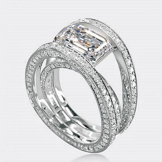 Jzora handmade emerald-cut overlapping moissanite 2pcs sterling silver ring