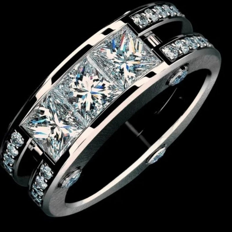 Jzora handmade modern & elegant three stone princess cut men's ring