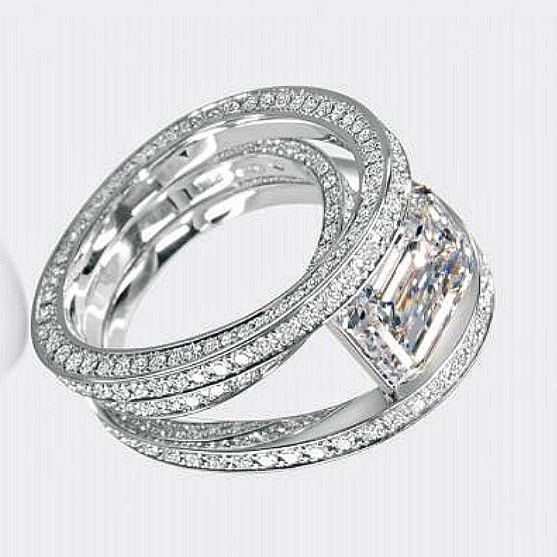 Jzora handmade emerald-cut overlapping moissanite 2pcs sterling silver ring