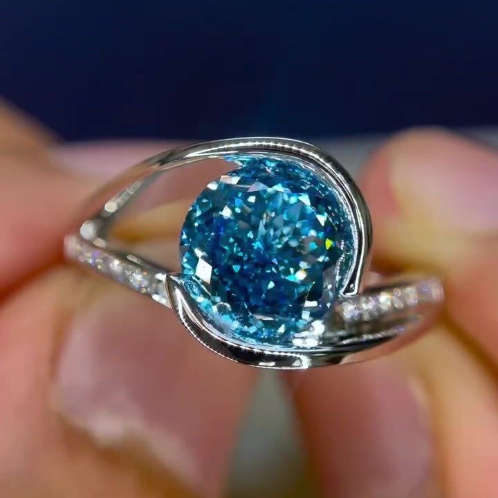 Jzora handmade 3ct blue topaz round cut unique sterling silver ring