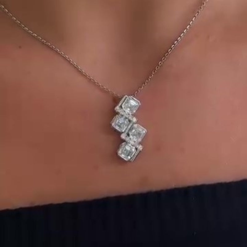 Jzora handmade white sparkling asscher& round cut sterling silver necklace