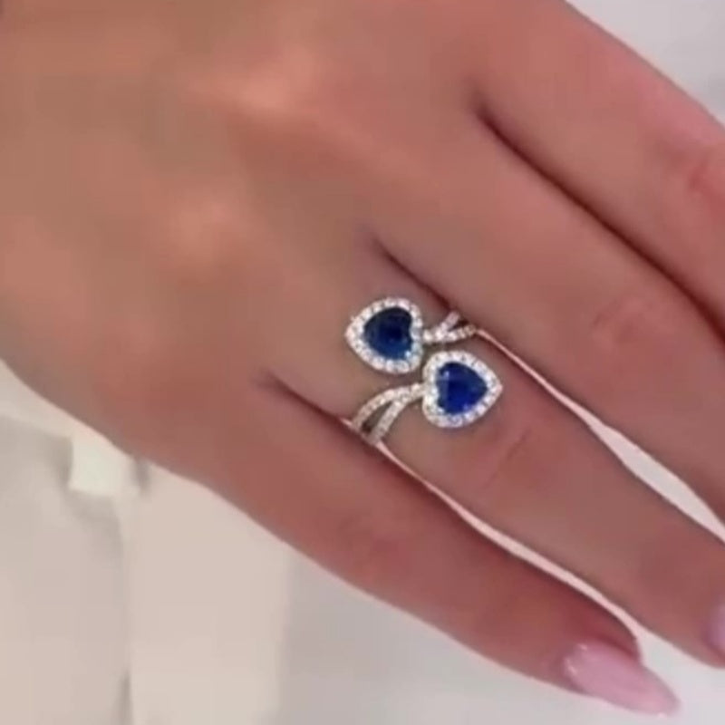 Jzora handmade elegant sapphire heart duo halo sterling silver ring