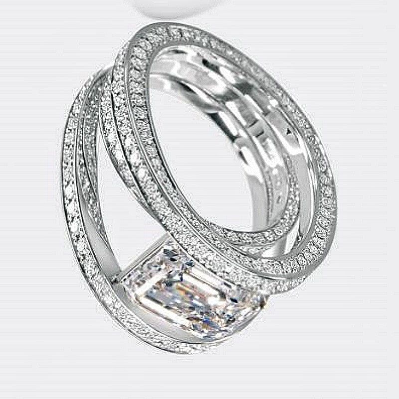 Jzora handmade emerald-cut overlapping moissanite 2pcs sterling silver ring