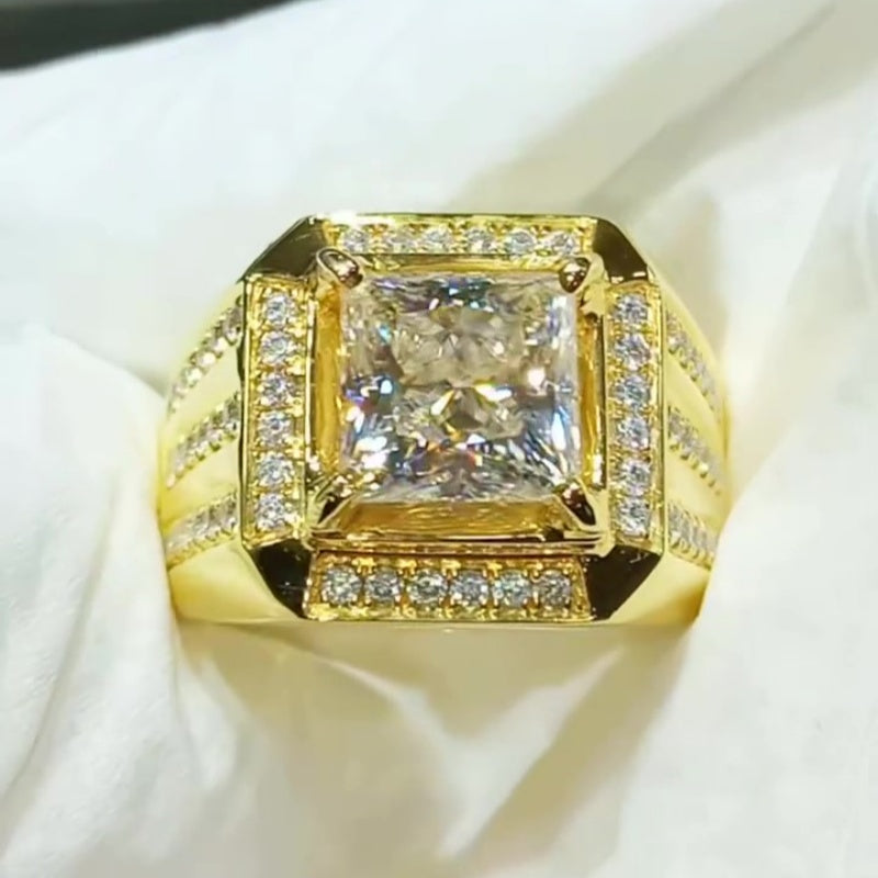 Jzora handmade luxury gold-tone princess cut halo sparkle wide band men's ring