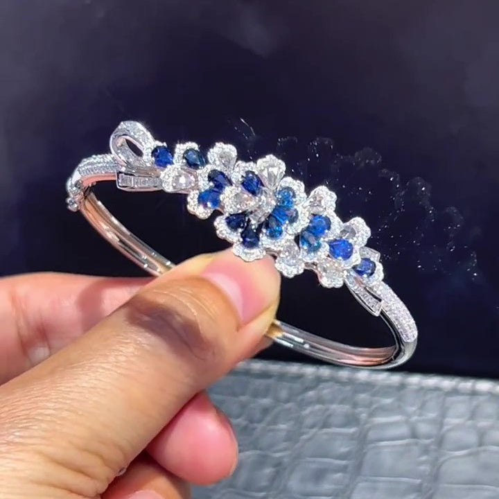 Jzora Handmade Sapphire CZ Floral Cuff Bangle Bracelet