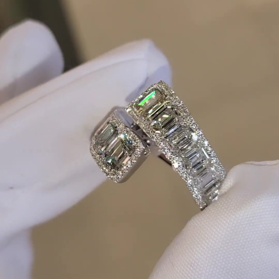 Jzora handmade modern emerald cut halo sterling silver ring