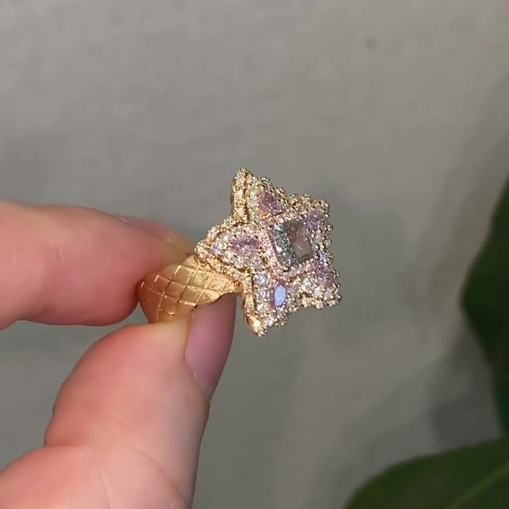 Jzora handmade luxury star design pink & white CZ sterling silver ring