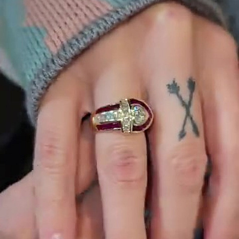 Jzora handmade 0.5ct vintage ruby-inlaid heart center halo glamorous ring