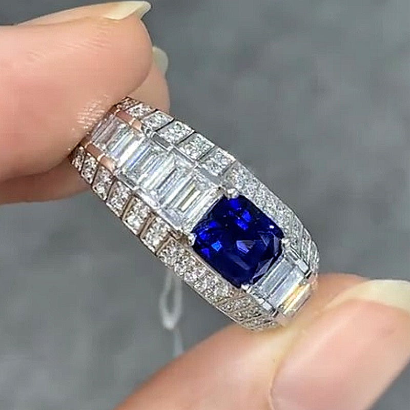 Jzora handmade luxury blue sapphire radiant cut baguette halo men’s ring