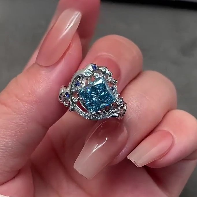 Jzora Handmade Aqua Blue Princess Cut Unique Ocean Wave Design Ring