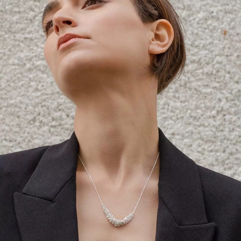 Jzora handmade clear and crystalline moon-shape sterling silver necklace