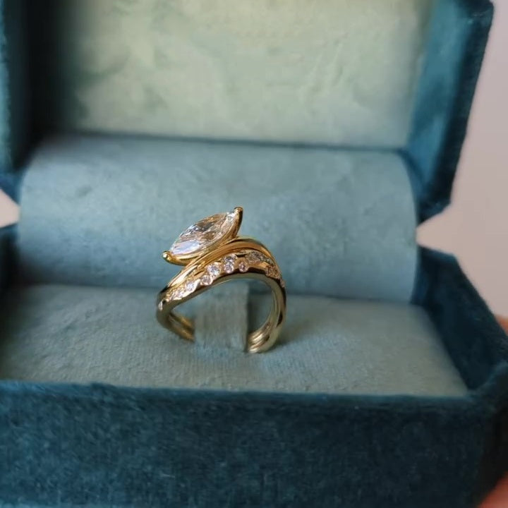 Jzora handmade gold marquise cut 2pcs sterling silver ring set