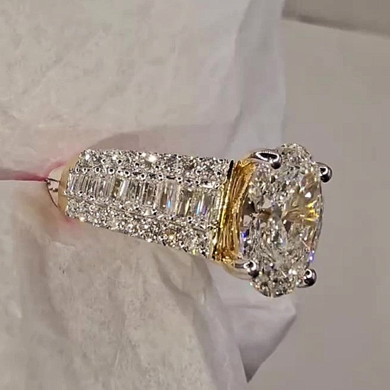 Jzora handmade classic 4ct oval cut baguette pavé sparkling ring