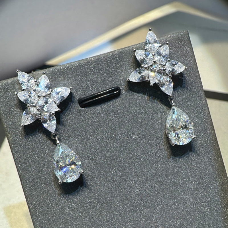 Jzora handmade elegant & glamorous pear cut floral teardrop sterling silver stud earrings