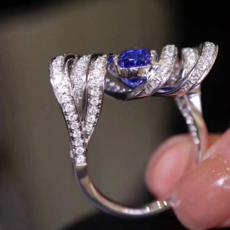 Jzora handmade ocean blaze sapphire wave sterling silver ring