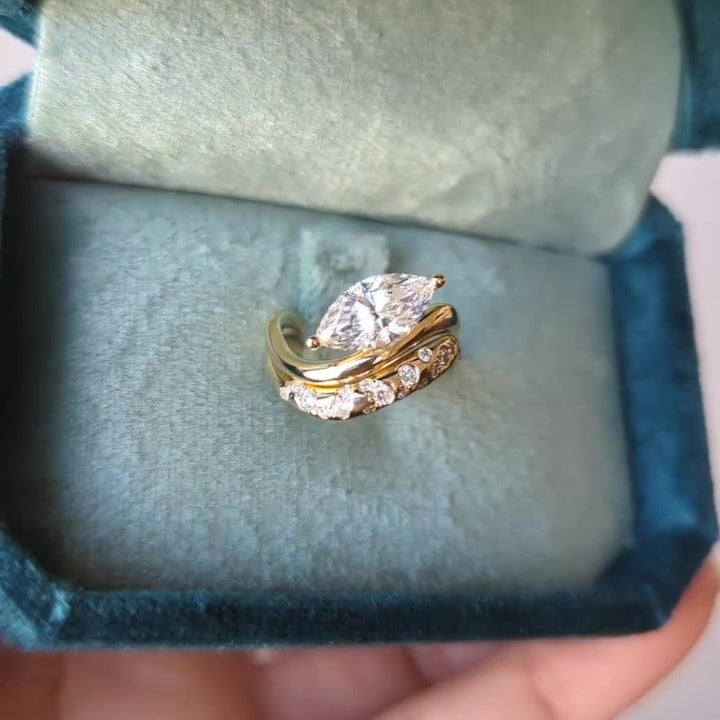 Jzora handmade gold marquise cut 2pcs sterling silver ring set