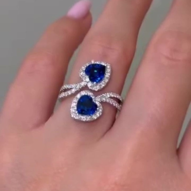 Jzora handmade elegant sapphire heart duo halo sterling silver ring