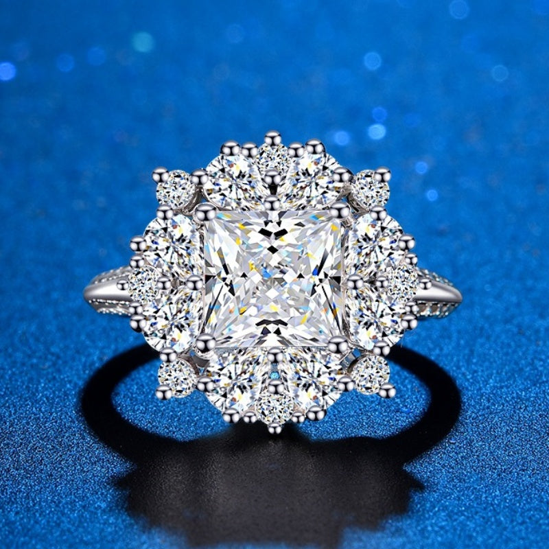 Jzora handmade 2ct princess cut moissanite floral-inspired halo sterling silver ring