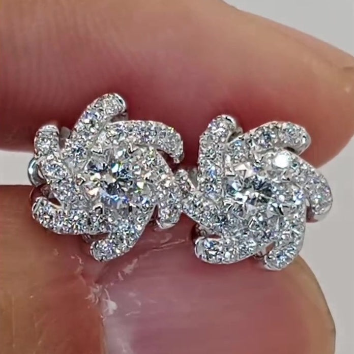 Jzora Handmade Spiral Flower Round Cut Moissanite Stud Earrings