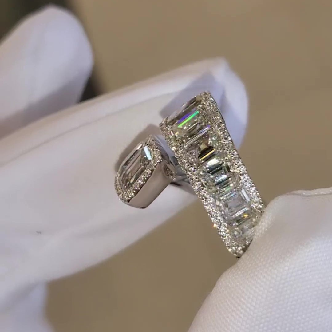 Jzora handmade modern emerald cut halo sterling silver ring