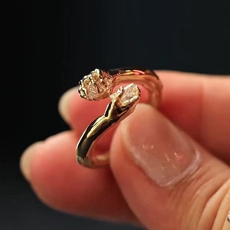 Jzora handmade artistic gold hands holding crystal fashion ring