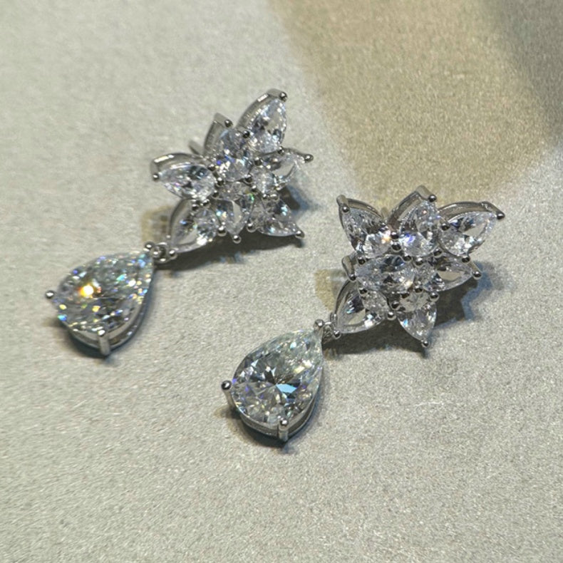 Jzora handmade elegant & glamorous pear cut floral teardrop sterling silver stud earrings
