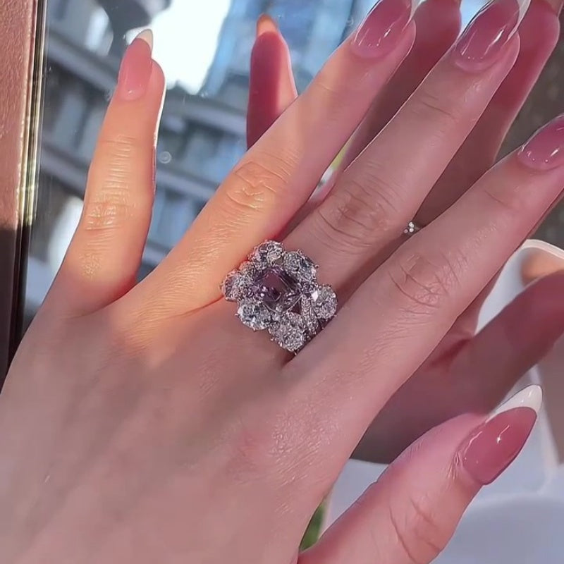 Jzora handmade royal l-rhodolite cushion cut bold & statement sterling silver ring