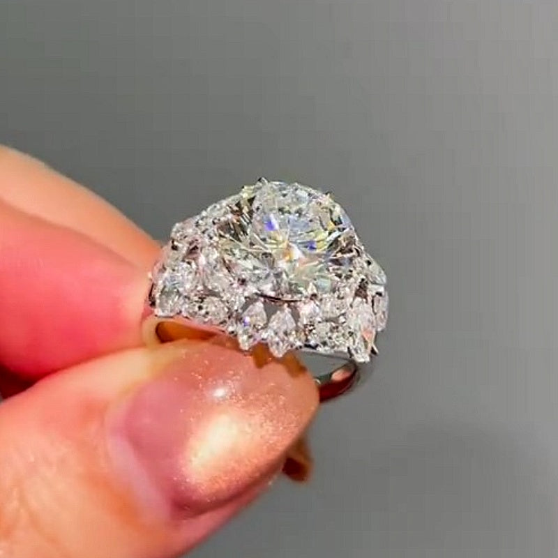 Jzora handmade 4ct high-quality round brilliant cut cluster halo moissanite sterling silver ring