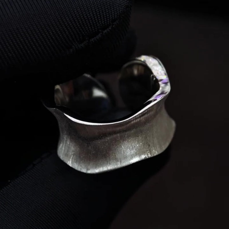 Jzora handmade eclipse wave cushion cut polished & brushed texture open band moissanite sterling silver ring
