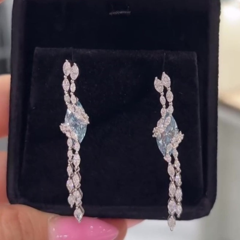 Jzora handmade marquise blue CZ tassel drop earrings