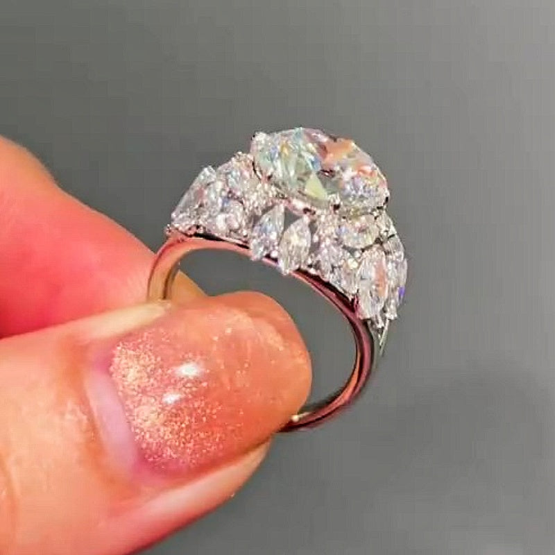 Jzora handmade 4ct high-quality round brilliant cut cluster halo moissanite sterling silver ring