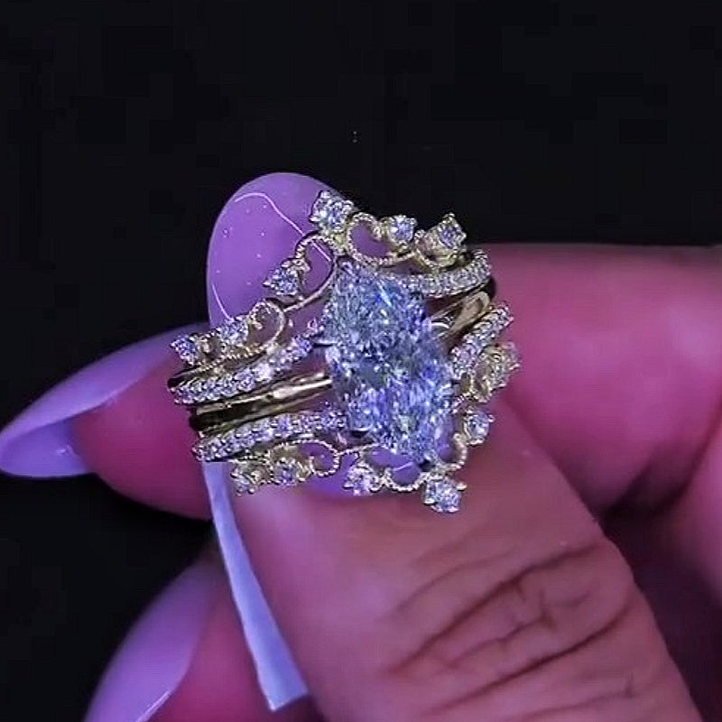 Jzora handmade marquise cut studded filigree sterling silver 2-piece ring