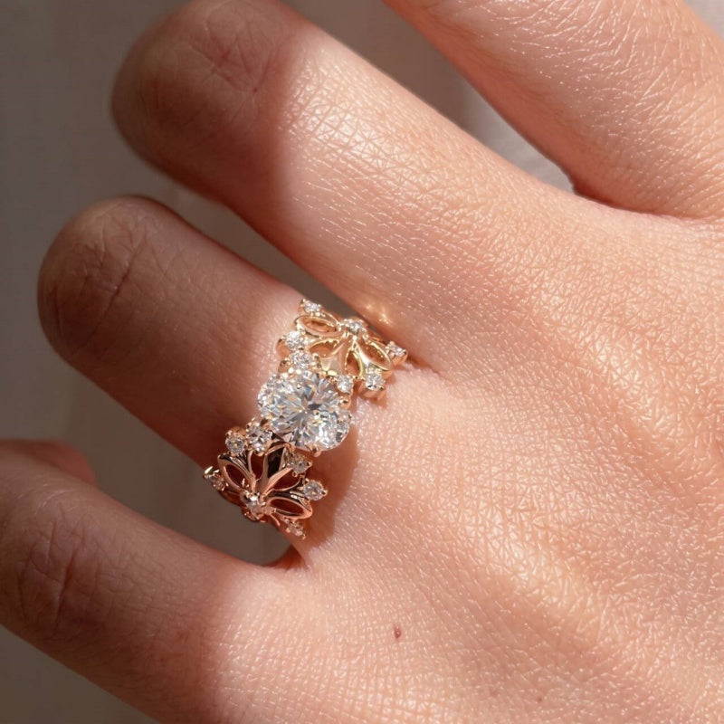 Jzora Handmade Delicate Openwork Iris Flower Oval CZ Women‘s Engagement Ring