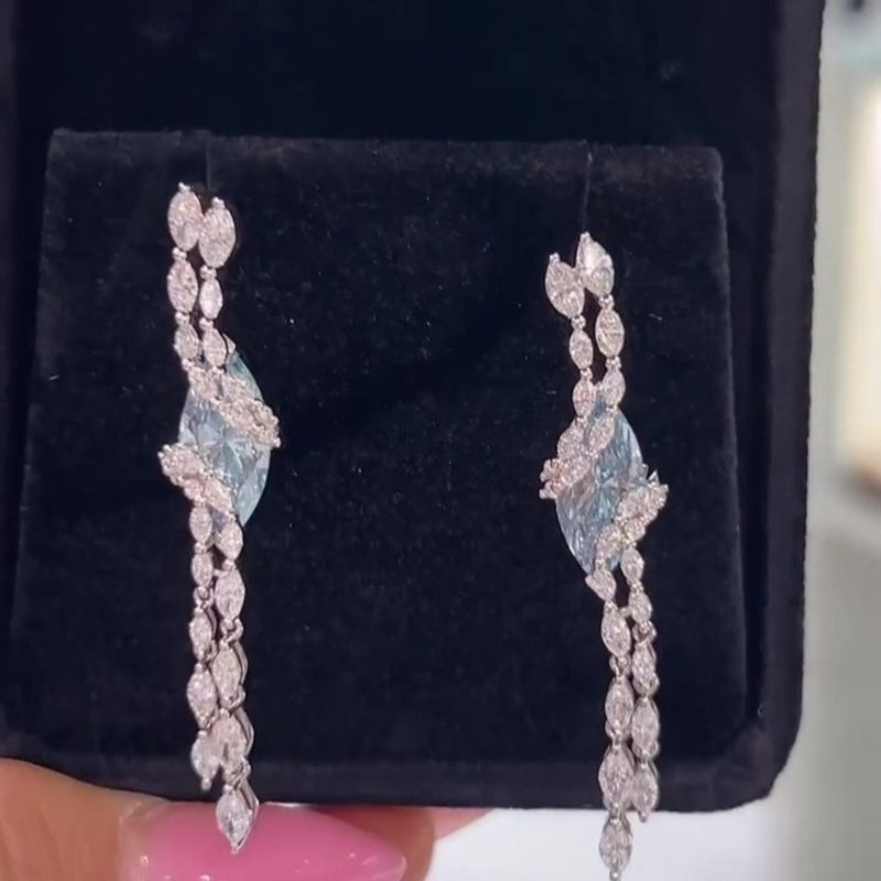 Jzora handmade marquise blue CZ tassel drop earrings