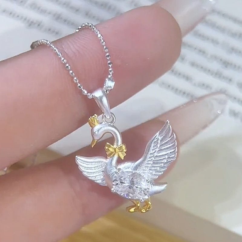 Jzora Handmade Two‑Tone Matte‑Textured Sterling Silver Crown Swan Pendant Necklace