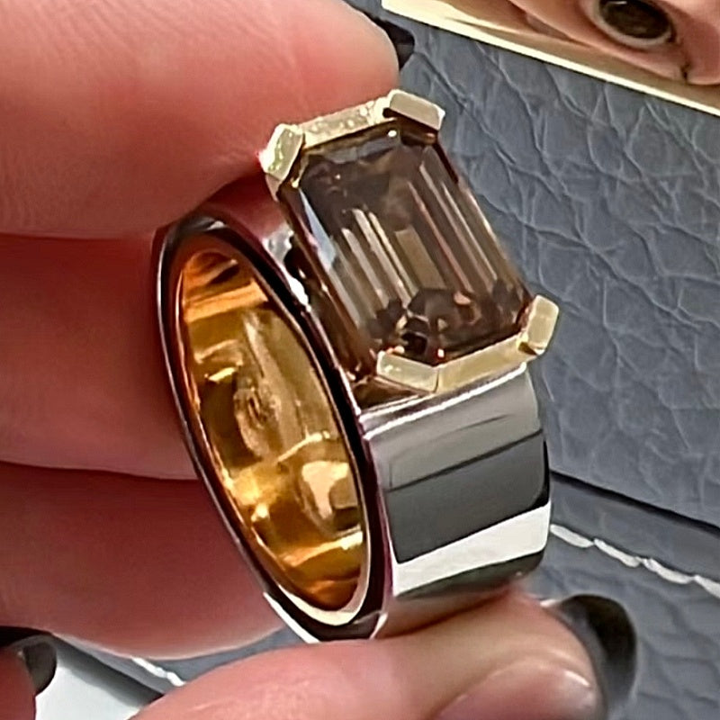 Jzora handmade 5ct emerald cut classic two-tone layered design sterling silver solitaire ring