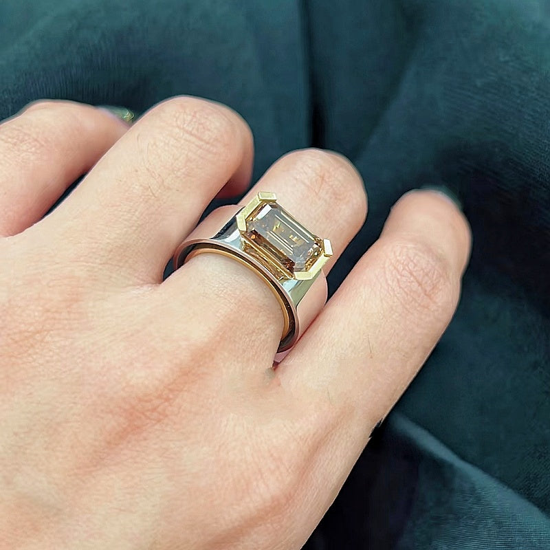 Jzora handmade 5ct emerald cut classic two-tone layered design sterling silver solitaire ring