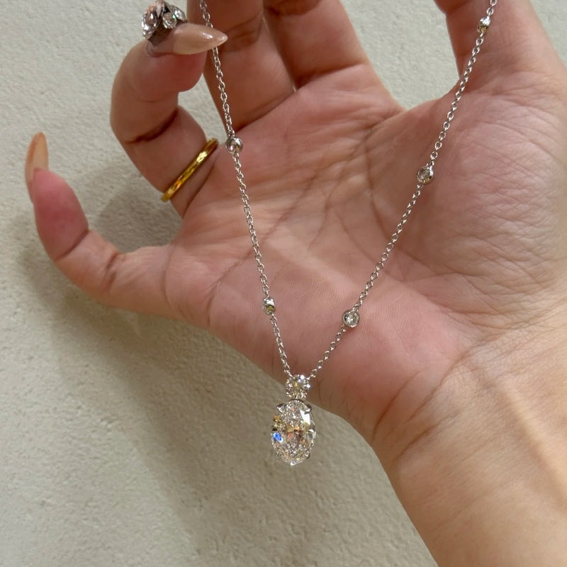 Jzora handmade sparkling oval cut droplet of eternity moissanite sterling silver necklace