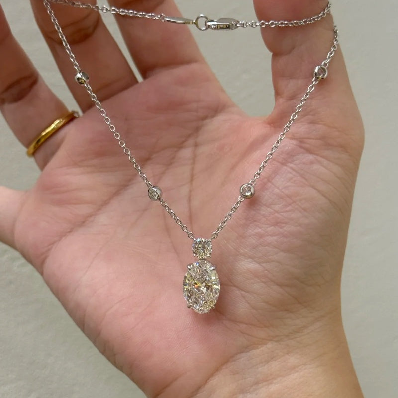 Jzora handmade sparkling oval cut droplet of eternity moissanite sterling silver necklace