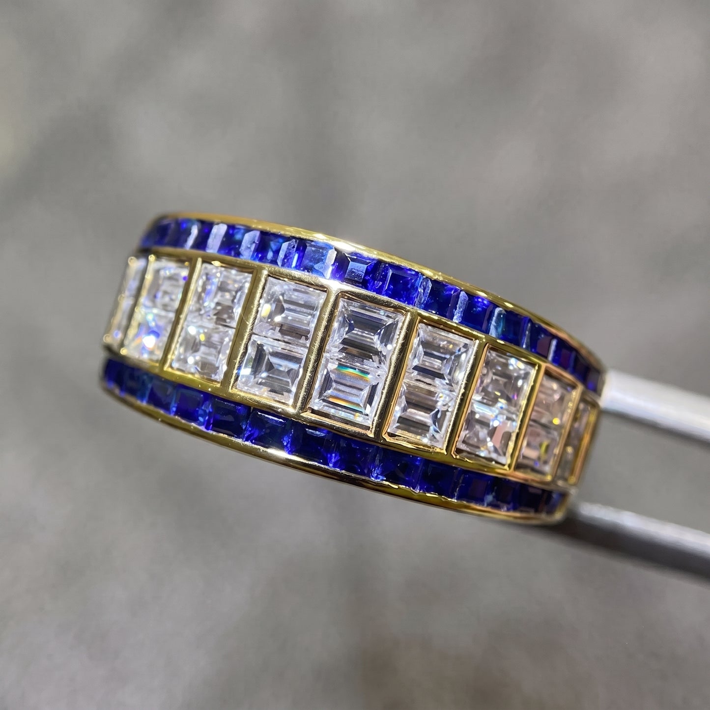Jzora Handmade Emerald Cut Baguette Zircon Blue Sapphire Wide Band Men's Ring