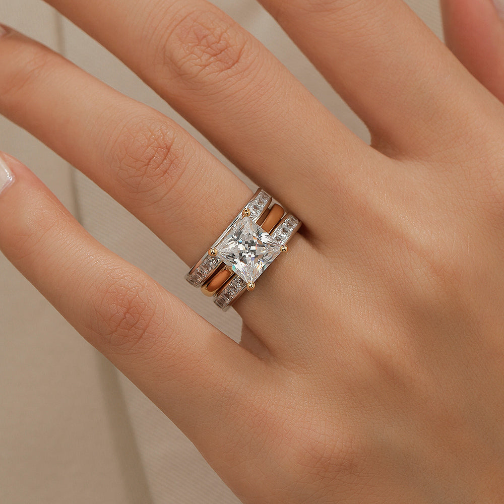 Jzora handmade princess cut two tone anniversary ring wedding ring silver bridal set