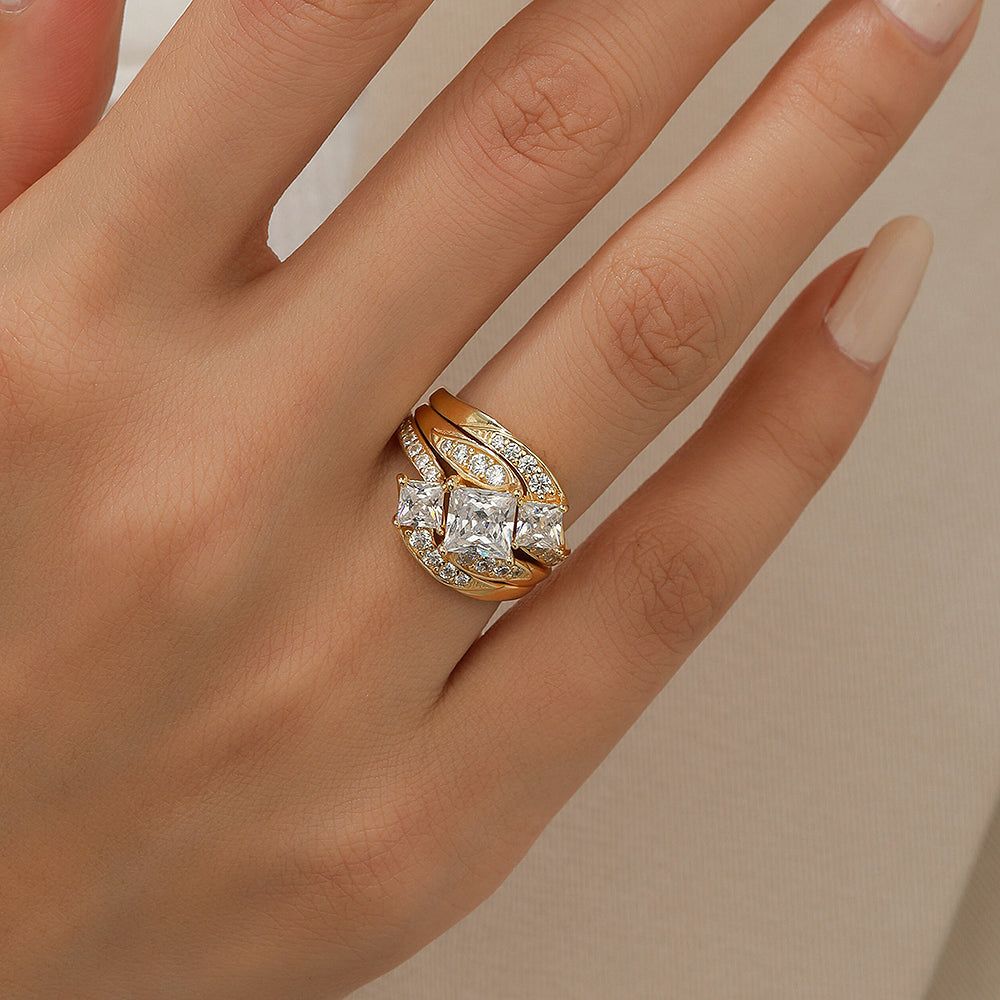 Jzora princess cut Gold vintage Engagement Wedding ring 3pcs Bridal Set