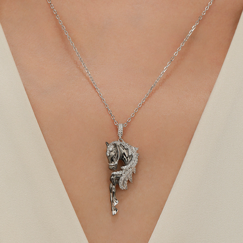 Jzora Handmade Classic Horse Sterling Silver Diamond Necklace