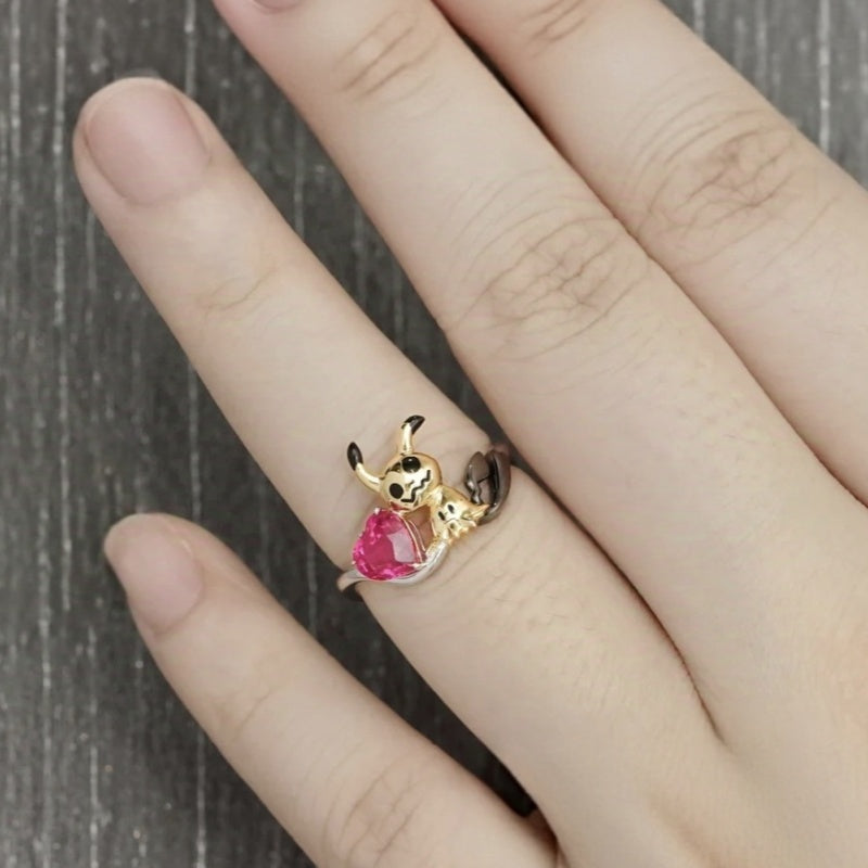 Jzora handmade peach pink heart fantasy creature ghost-inspired sterling silver ring