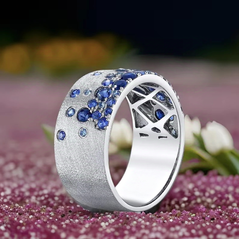 Jzora handmade scattered sapphire ombre effect satin finish sterling silver wide band ring