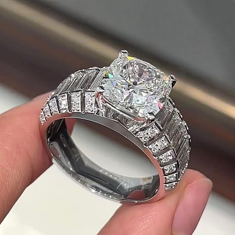 Jzora Handmade Luxury 5CT Cushion Cut & Baguette Cut Full Pave Brilliant Ring