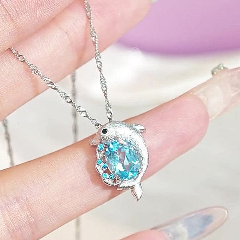 Jzora Handmade Ocean Inspired Brushed Finish Dolphin Embrace Pendant Necklace