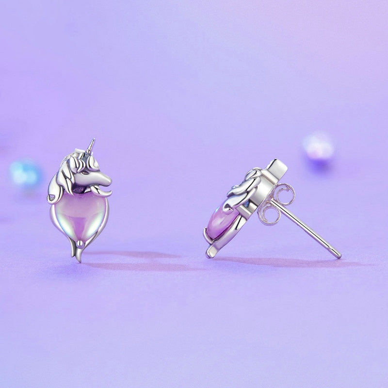 Jzora Purple Heart Unicorn Dreamy Sterling Silver Earrings