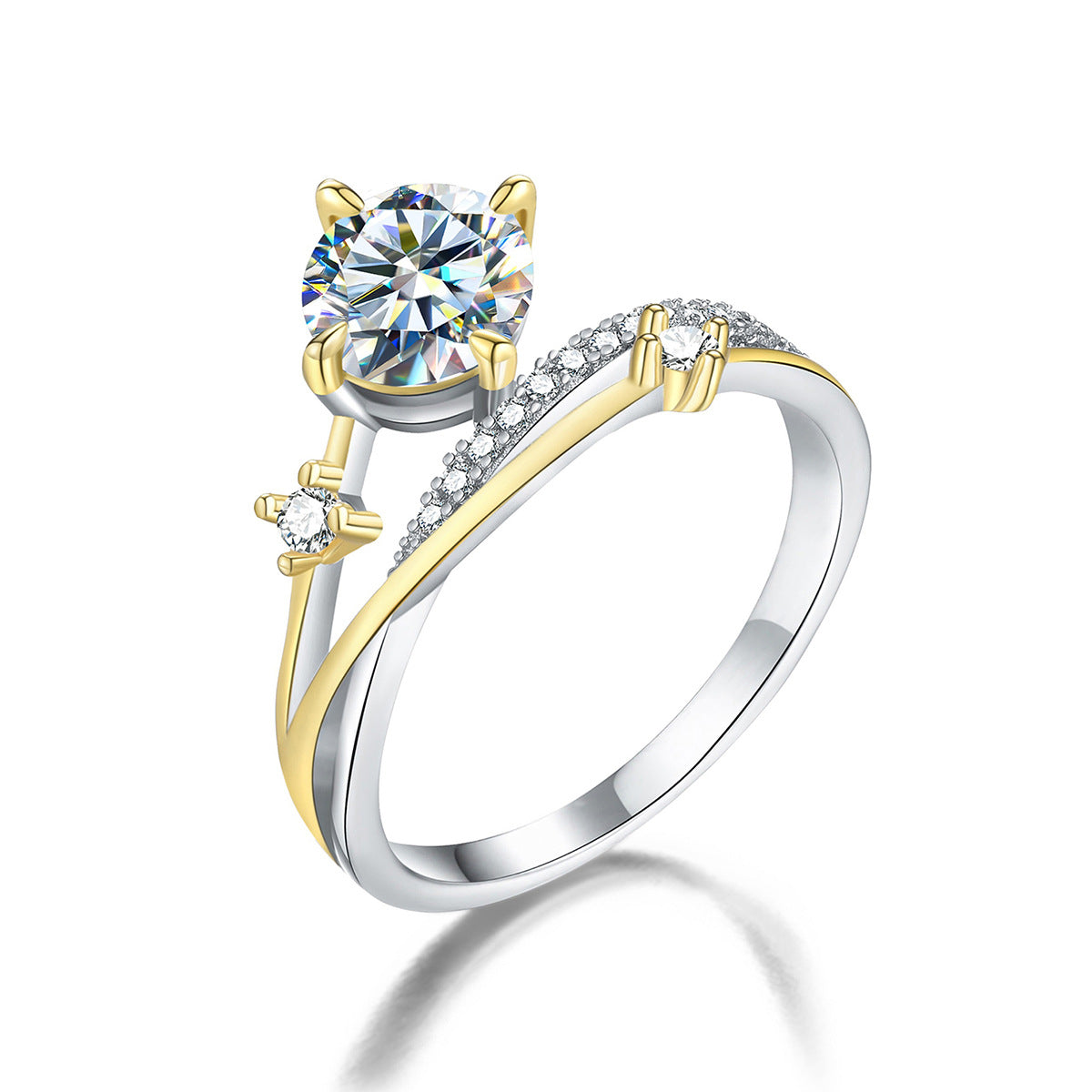Jzora handmade 1ct round cut two-tone moissanite sterling silver ring